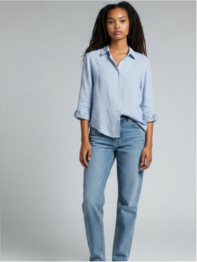 Valentino Jeans 100% Linen Button-Up Light Blue Ruffle Cuff Blouse Sz EU 44